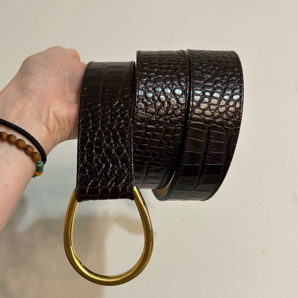 Talbots Leather Croc Embossed Brown Belt Gold Buckle 1x Western Boho Coastal